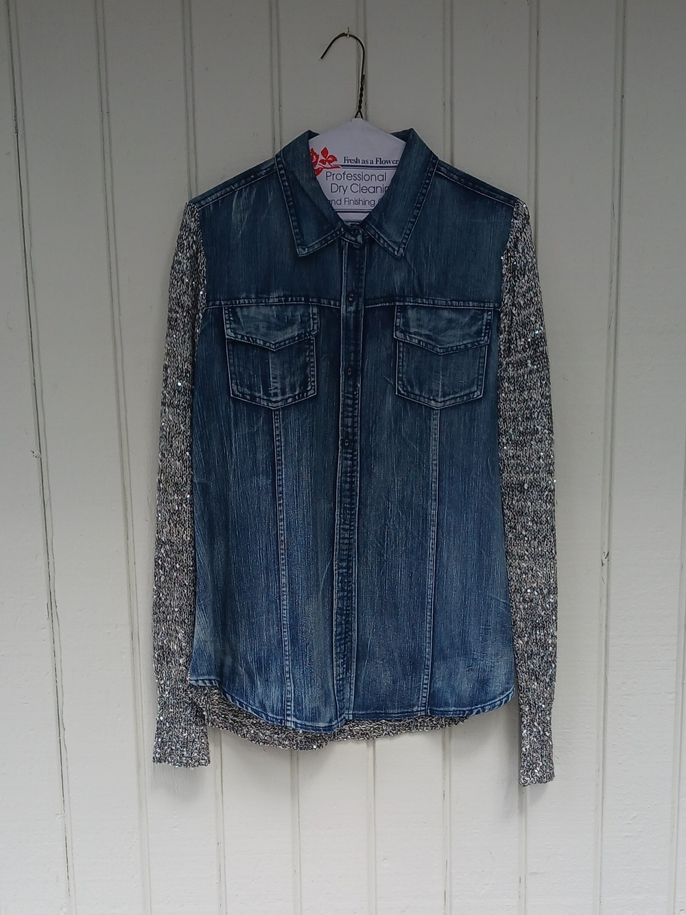 Soft Surroundings Blue Denim Front with Gray Knit Sleeves Jacket